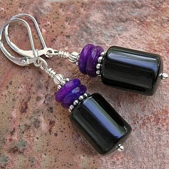 Black Onyx And Sugilite Earrings 925 Sterling Silver Leverbacks - Picture 1 of 7